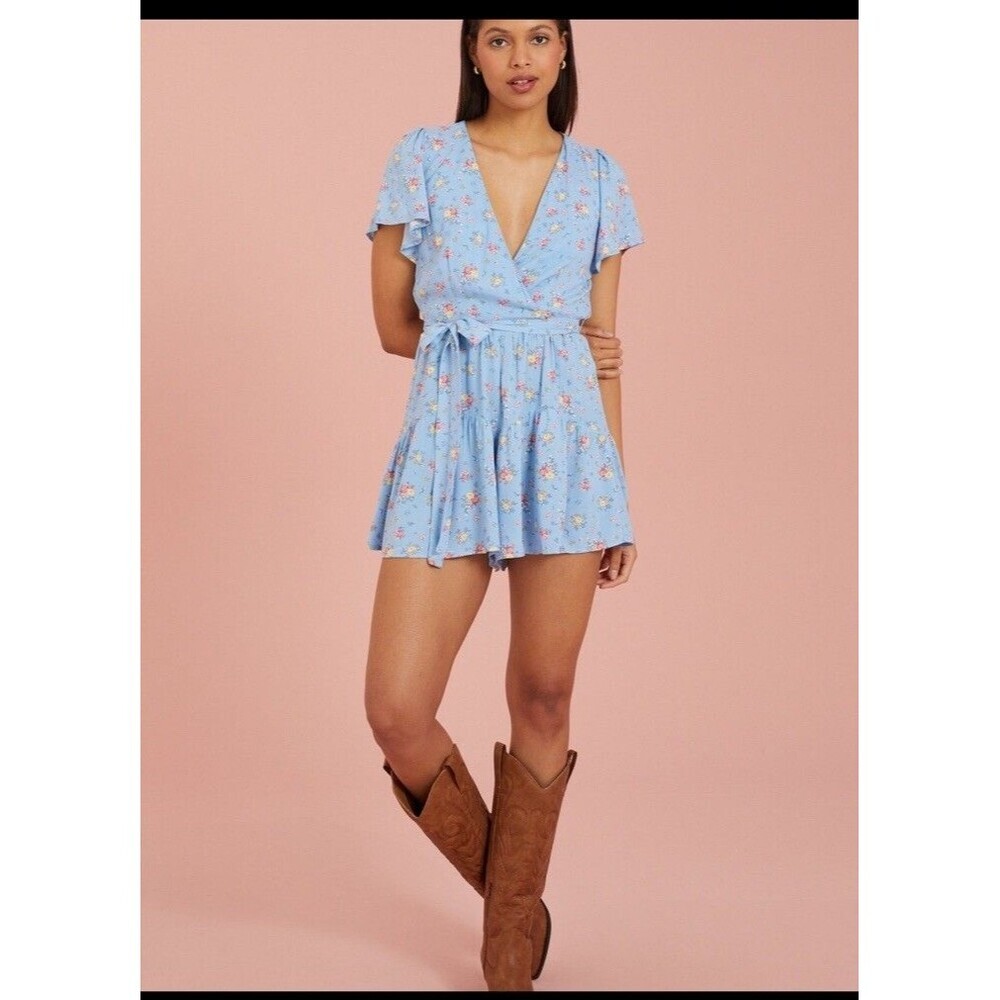 Altar'd State Floral Romper Women Small Blue Cottagecore V-Neck Ruffle